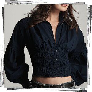 NWOT: Navy Blue Cotton Long Sleeve Button-Front Shirred Blouse (S)